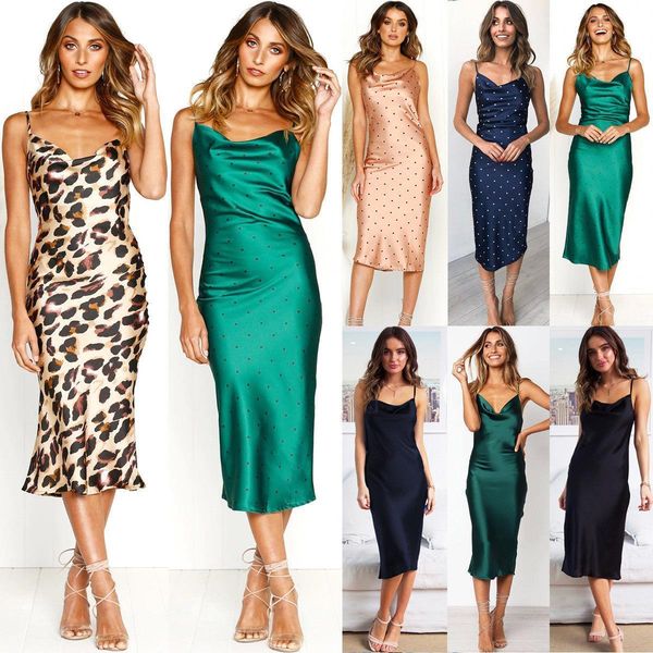 

female ladies women dresses leopard mid calf printed dress woman spaghetti strap v neck satin vestidos, Black;gray