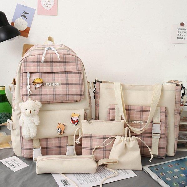 

school bags 5 pcs/set lattice women student lapbackpack canvas for teenage girls kawaii backpacks book bag rucksacks