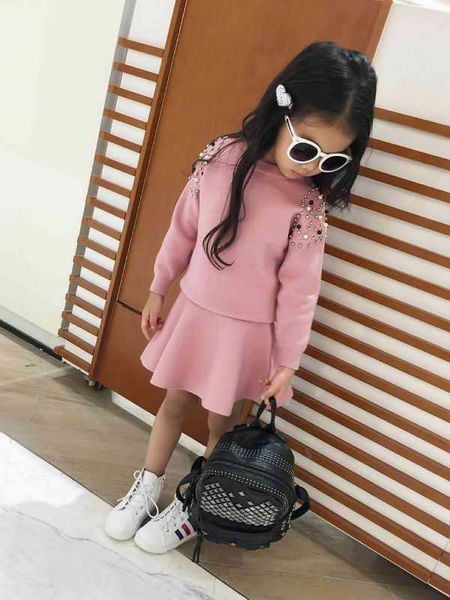 

wholesale beading knitted girl clothing sets solid color long sleeve sweater+skirt 2pcs outfits baby clothes 2-6y b64 210610, White