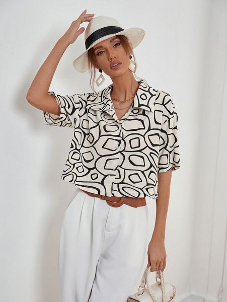 

single breasted drop shoulder geo print blouse c87x#, White