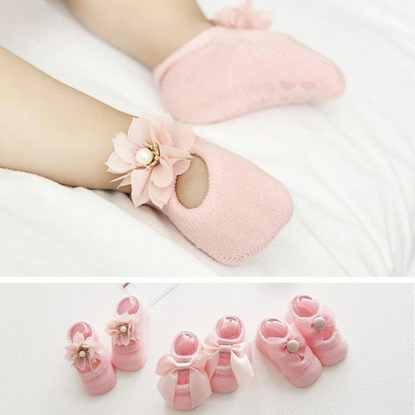 

socks 3 pairs born baby lace flower bow summer anti slip floor for girl cotton sock party birthday gift, Pink;yellow
