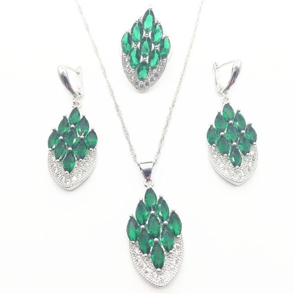 

earrings & necklace aisure green zircon silver color bridal jewelry set for women crystal wedding necklace/earrings/ring/pendant