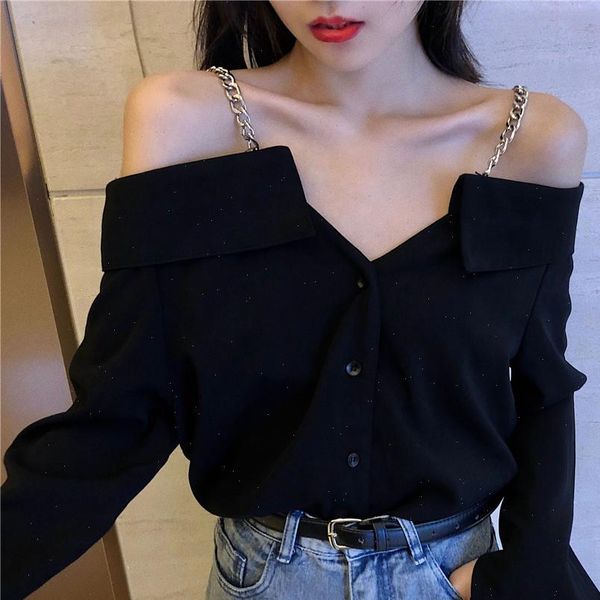 

off shoulder button womens blouses solid v neck korean clothing casual style spring shirts tand ladies, White
