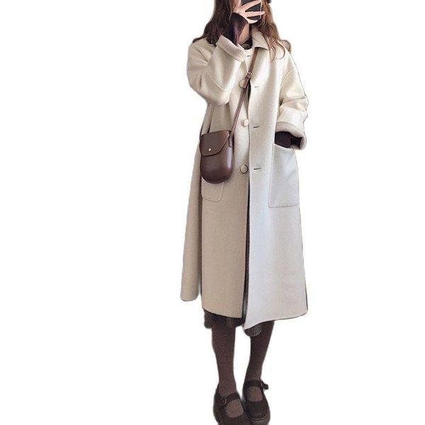 

women's wool & blends big pockets woolen coat for women hepburn style all-match mid long winter overcoat fashion temperament single bre, Black