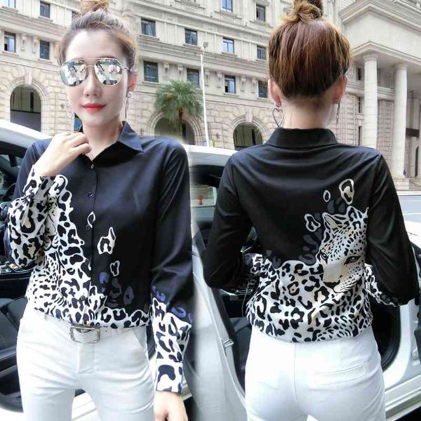 

2020 women's fashion leopard shirts plus size long sleeve lapel neck printed ladies runway blouse slim office designer button shirt, White