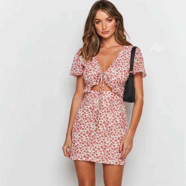 

party dresses floar print pink hollow out women dress casual short sleeve backless high waist summer lace up a-line chic lady mini, White;black