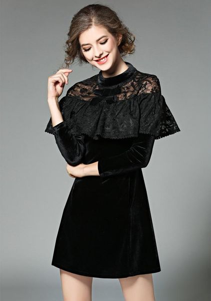 

casual dresses 2021 spring party elegant long sleeves ruffles lace patchwork dress sexy, Black;gray