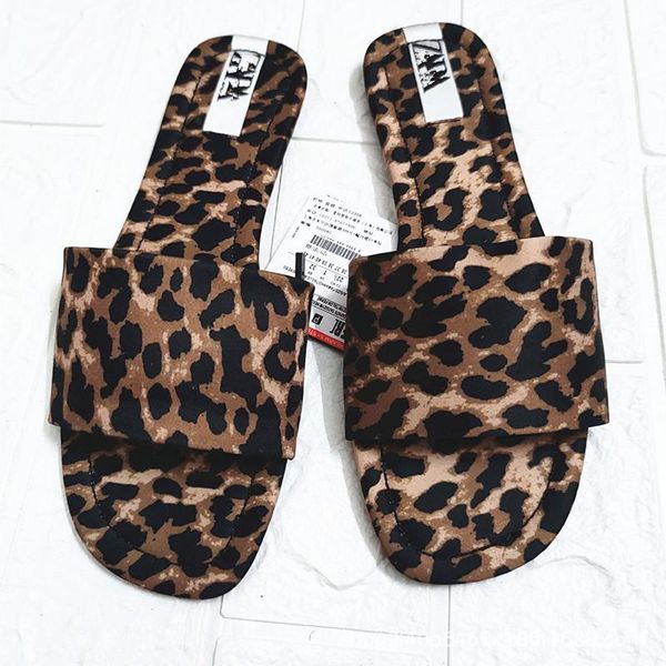 

slippers zar& flat sole women's shoes summer leopard print open toe heel outer wear, Black