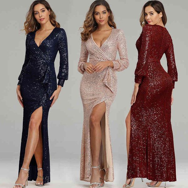 

party dresses long v-neck high split sequin evening party dress prom gowns sequined appliques evening vestidos de fiesta qe3c, White;black