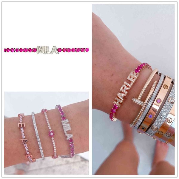 

2021 new pave custom name women colorful zircon tennis chain personality nameplate bracelet, Golden;silver
