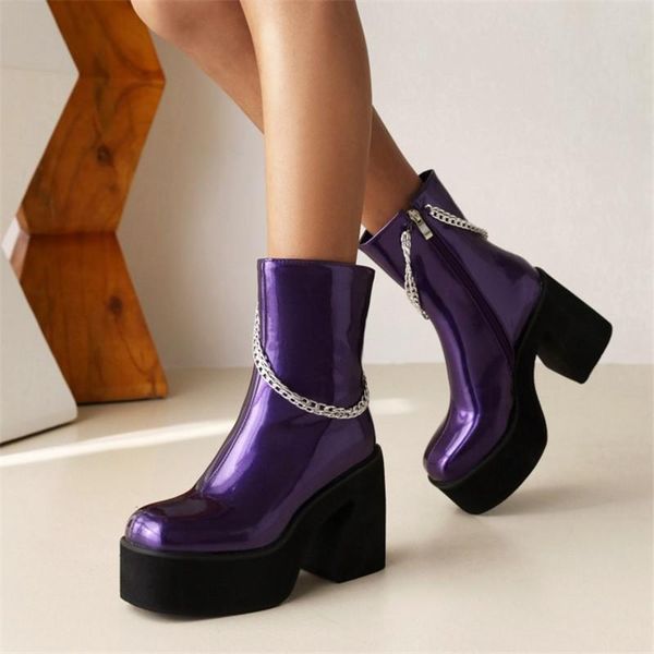 

boots pxelena metal chain gothic motorcycle biker combat for women patent leather chunky platform high heels street shoes purple, Black