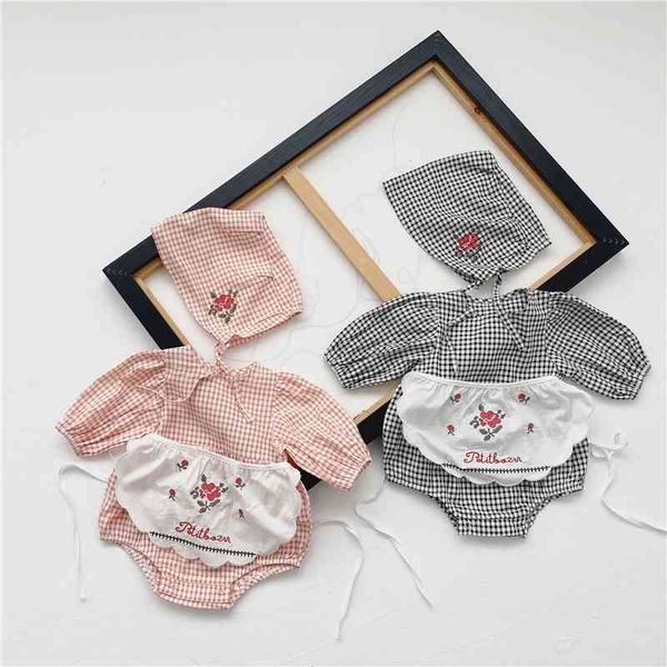 3 adet Yenidoğan Set Ekose Bodysuit Nakış Çiçek Önlüğü + Şapka Bebek Kız Tulum Giysileri Kıyafetler 210413
