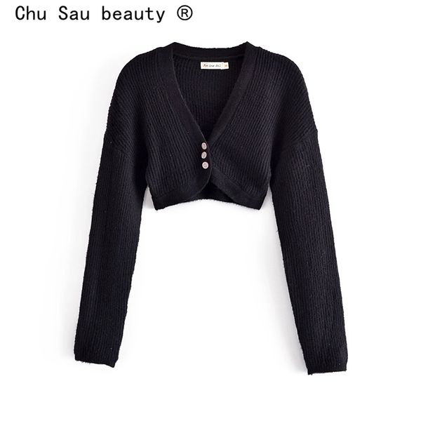 

fashion streetwear style black long sleeve short cardigans women casual chic single-breasted v-neck knitted shirt female 210514, White