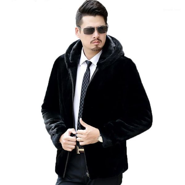 

men's leather & faux men mink coat winter jacket velvet natural fur real luxury plus size for qtan061f kj837, Black