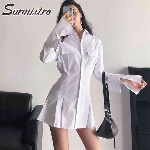 Abito Chemisier Donna Estate Monopetto Svasato Manica Lunga Tunica Bianca Office Lady Mini Donna 210421