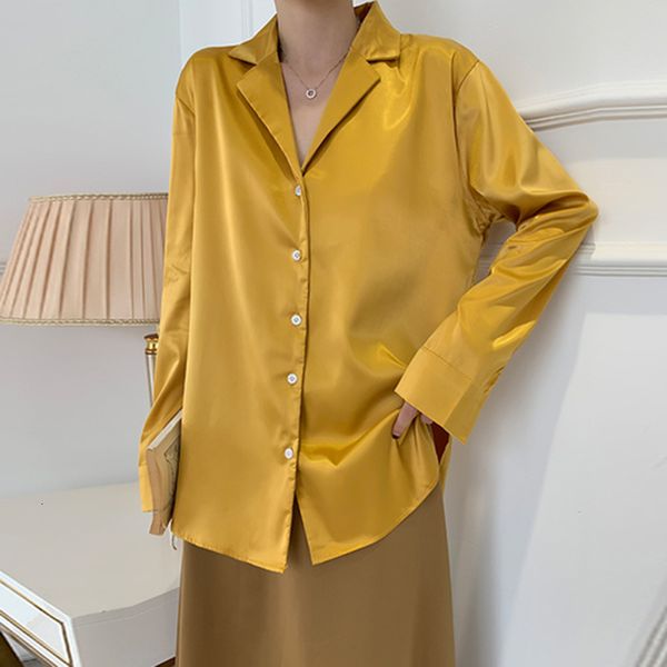

dress arrival autumn korea fashion single-breasted inlaid collar yellow shirts loose satin women's blouses mujer s447, Black;gray