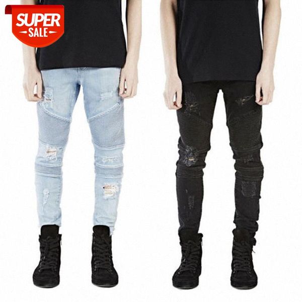 

men's jeans flow ripped folds slim fit small feet elastic youth #bi2y, Blue