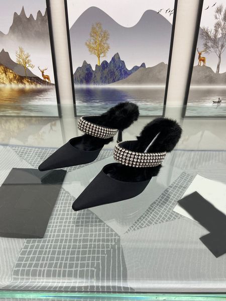 

2021 european and american style woolen high-heeled slippers with tips for warmth preservation designer size 34-42, Black