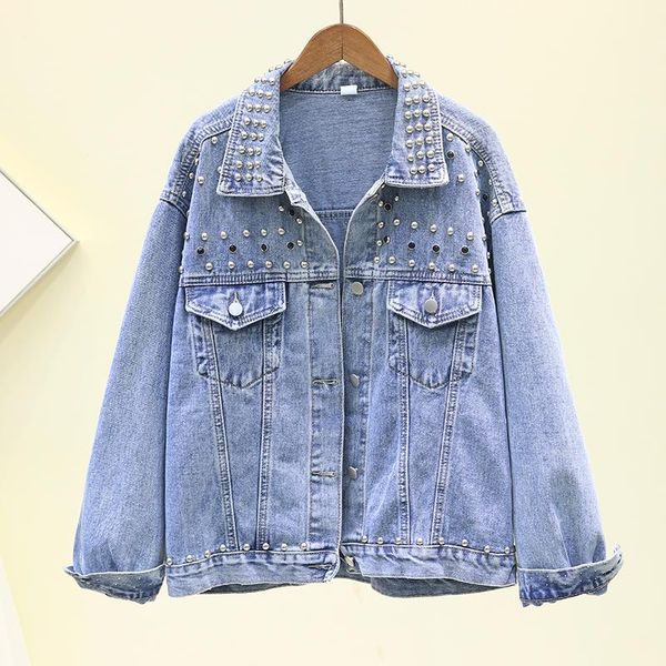 

women's jackets spring autumn women fashion beading rivets denim jacket loose single breasted long sleeve jeans casual ladies h196, Black;brown