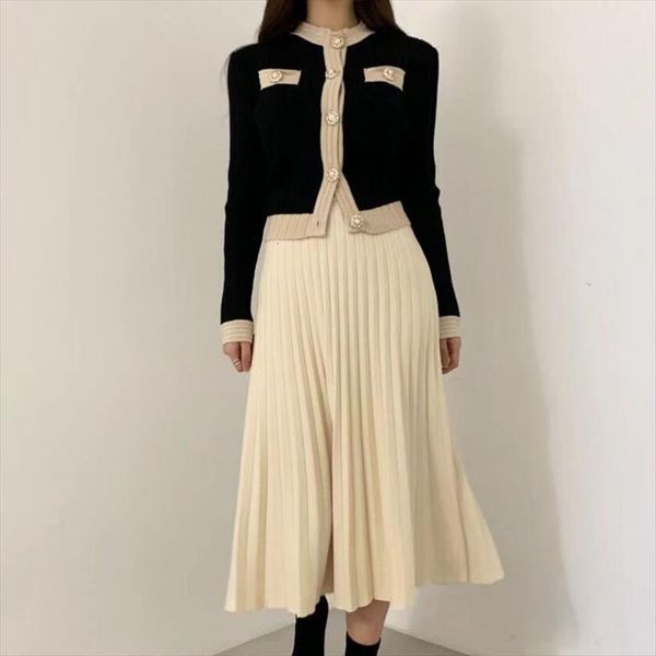 

korean chic vintage knitted 2 womens dresses piece set crop pearl buttons sweater cardigan pleated long skirt suit two, White