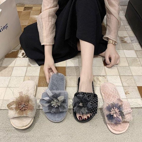 

women's shoes suede flower flat-bottomed furry slippers cute autumn home all-match casual fashionable and durable, Black