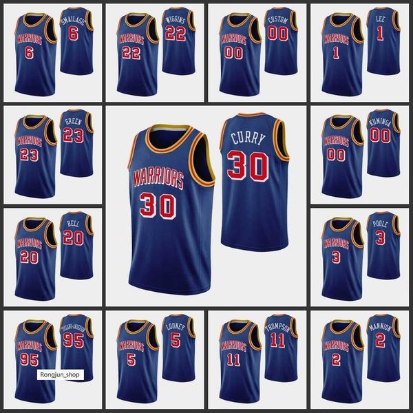 

screen print mens klay basketball thompson andrew wiggins otto porter jr. stephen curry draymond green 75th anniversary custom blue jersey, Black