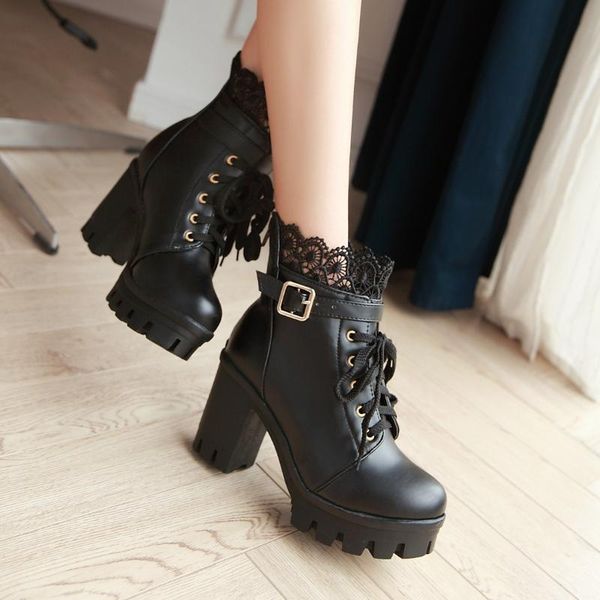 

boots winter season leather women lace ankle high heel platforms buckle, Black