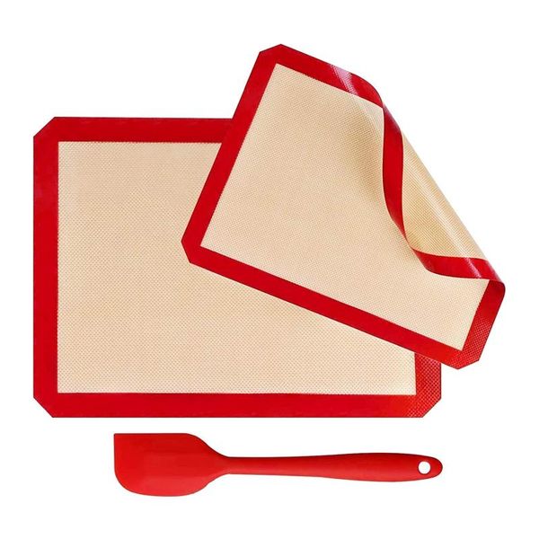

silicone baking mats set of 2 non-slip washable reusable tray with spatula, heat resistant bakeware mat bbq tools & accessories
