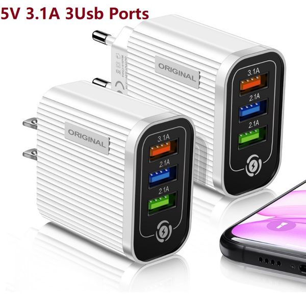 5 V 3,1 A 3 USB-Anschlüsse Eu US Tragbares Wandladegerät Netzteile für iPhone x xr 11 12 Samsung PC Android-Telefon Fabrikpreis