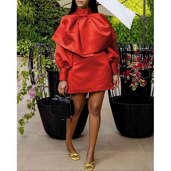 

two piece dress women long sleeve dresses with big bowtie collar mini party celebrate occasion event female african fashion s, White