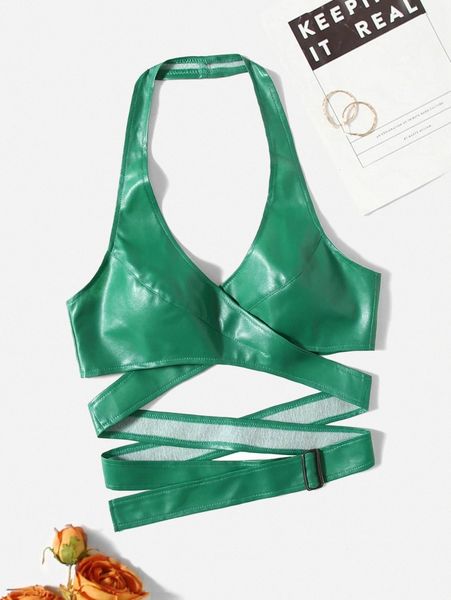 

cross wrap buckled side pu leather halter i6op#, White