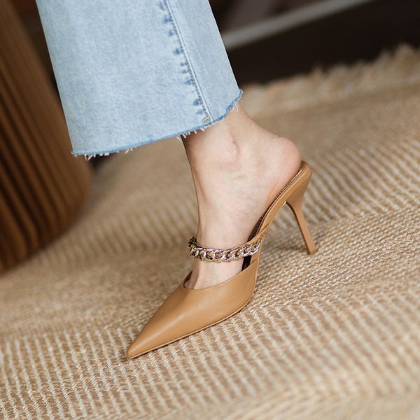 

luxury slippers 2021 thin heel chain slotted with pointed shallow mouth muller sho for women's cowhide baotou high-heeled semi slippers, Black