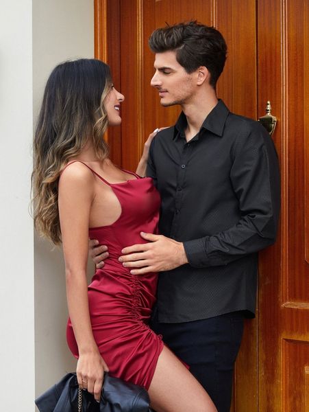 

men 1pc jacquard button front shirt v4at#, White;black