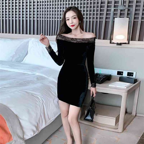 

one-shoulder slim bag hip bottoming autumn and winter female ladies temperament gold velvet dress 210603, Black;gray