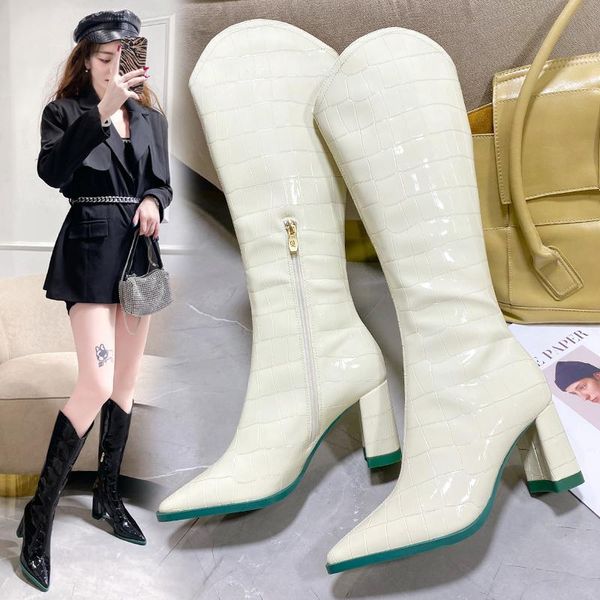 

boots punk style pointed toe retro women square 8 cm high heels patent leather footware fashion autumn winter booties, Black