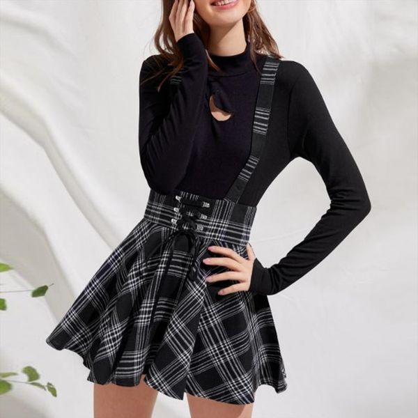 

40 fashion vintage plaid womens dresses print a line cold shoulder pleated cross strap streetwear, Black;gray