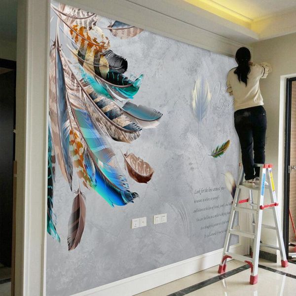 

wallpapers custom 3d feather sofa tv background wallpaper bedroom seamless wall covering bedside mural