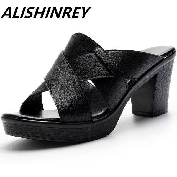 

slippers alishinrey summer women high heels slipper's 2021 genuine leather shoes woman platform pumps, Black