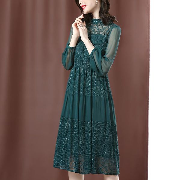 

casual dresses 100% real silk dress women clothes 2021 spring autumn vintage elegant midi ladies party vestidos zq99758a, Black;gray