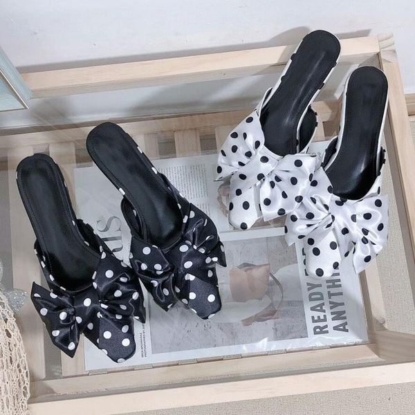 

spring women slippers fashion pointed toe polka dot bowtie shoes woman slip on flats female mules black white outdoor slides