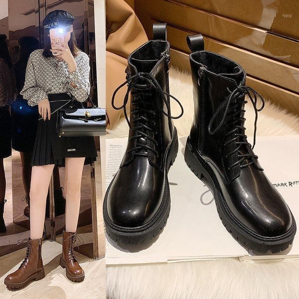 

boots lace up solid color women fashion round toe ankle chunky rubber non-slip knight zapatillas mujer1 bms4, Black