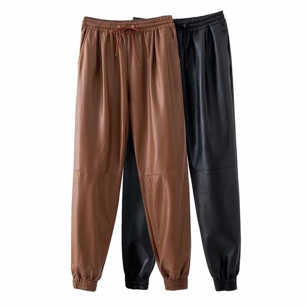 

women's pants & capris women khaki pu leather joggers casual elastic high wiast sweatpants 2021 korean office trousers, Black;white