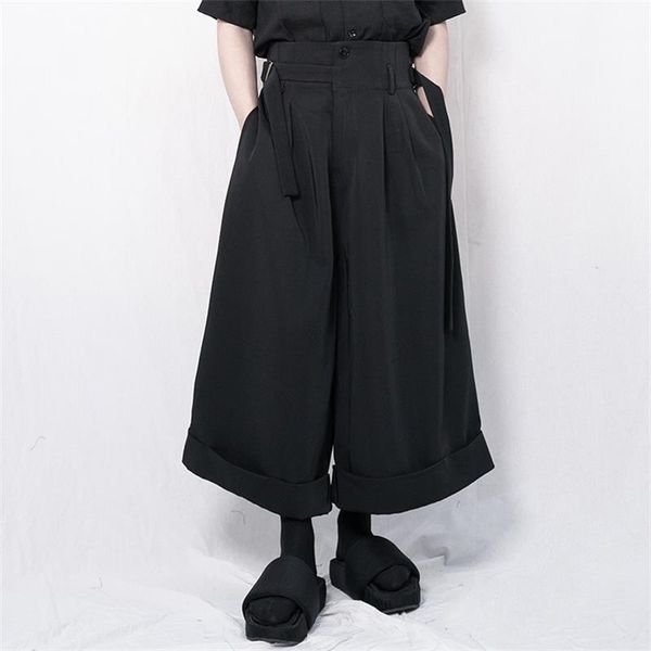

men's pants large 2021 yamamoto style casual wide leg skirt bulky super loose roll side, Black