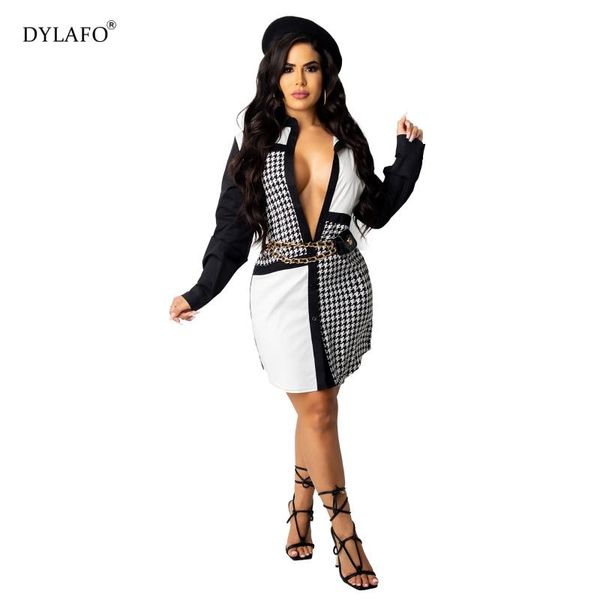 

casual dresses women houndstooth patchwork long sleeve blouses style dress autumn winter fashion elegant ins, Black;gray