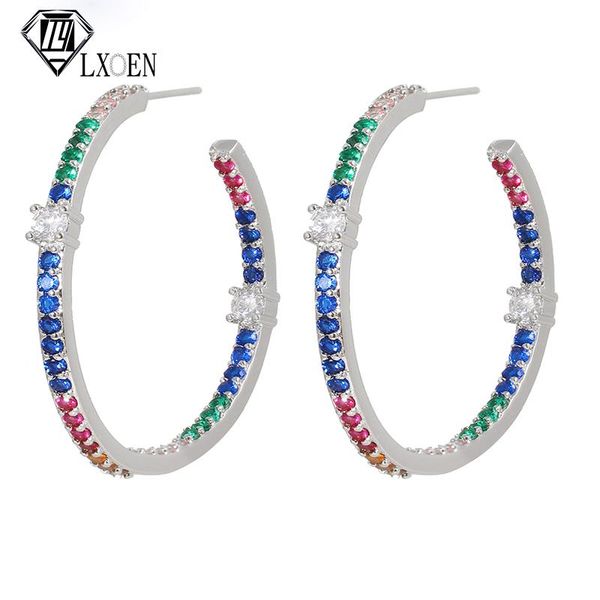 

hoop & huggie luxury female big multicolor round earrings fashion silber color wedding double zircon stone for women, Golden;silver