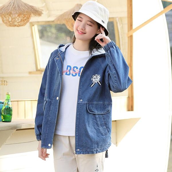 

women's jackets 2021 autumn winter preppy style denim cotton casual jacket students hooded loose fit coat teenager letter print outerwe, Black;brown