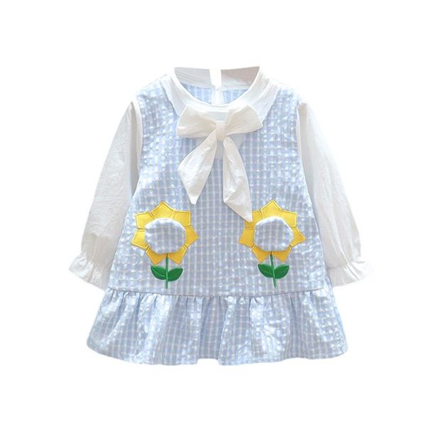 

girl's dresses baby girls dress children flower plaid bowknot tie long sleeve ruffles spring kids clothing, Red;yellow