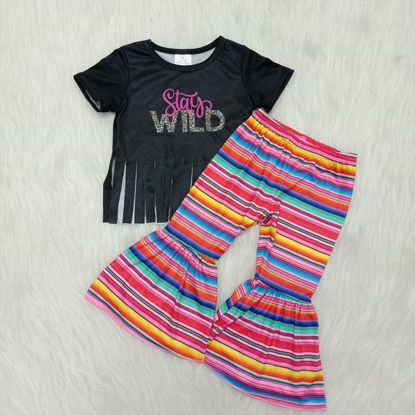 

boutique kids clothing girl fashion letters printed with tassel match striped bell pants summer outfit, White