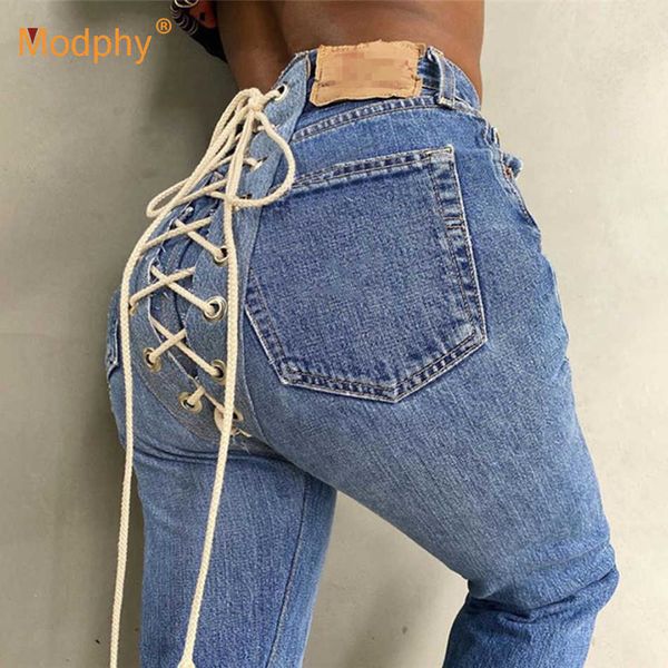 Back cruz lace-up bandage jeans mulheres cintura alta calça casual streetwear outono feminino moda 210527