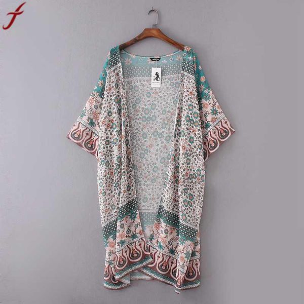 

women's blouses & shirts women beach cardigans floral print chiffon blouse cover up kimono cardigan coat 3/4 sleeves mujer chemise, White